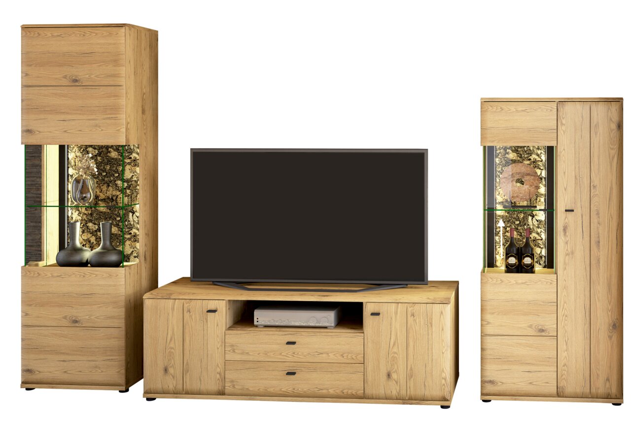 Cantus Wandkombination CALMERA Wohnwand/TV-Möbel-Set in Eiche-Optik mit Lowboard und zwei Vitrinenschränken mit Glasböden und Beleuchtung, frontal aus leichter Schrägperspektive dargestellt