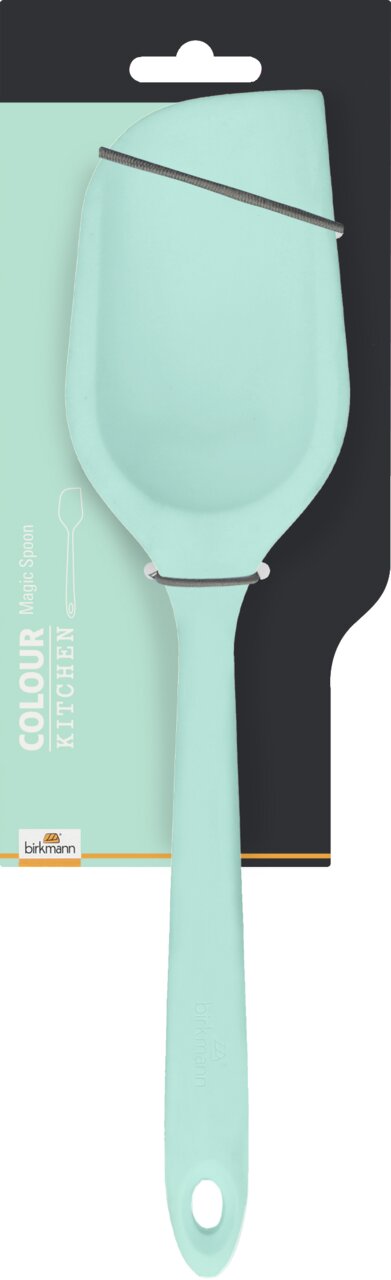 Birkmann Backlöffel COLOUR KITCHEN Mintfarbener MagicSpoon aus Kunststoff, frontal abgebildet auf einer Verpackung.