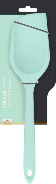 Mintfarbener MagicSpoon aus Kunststoff, frontal abgebildet auf einer Verpackung.