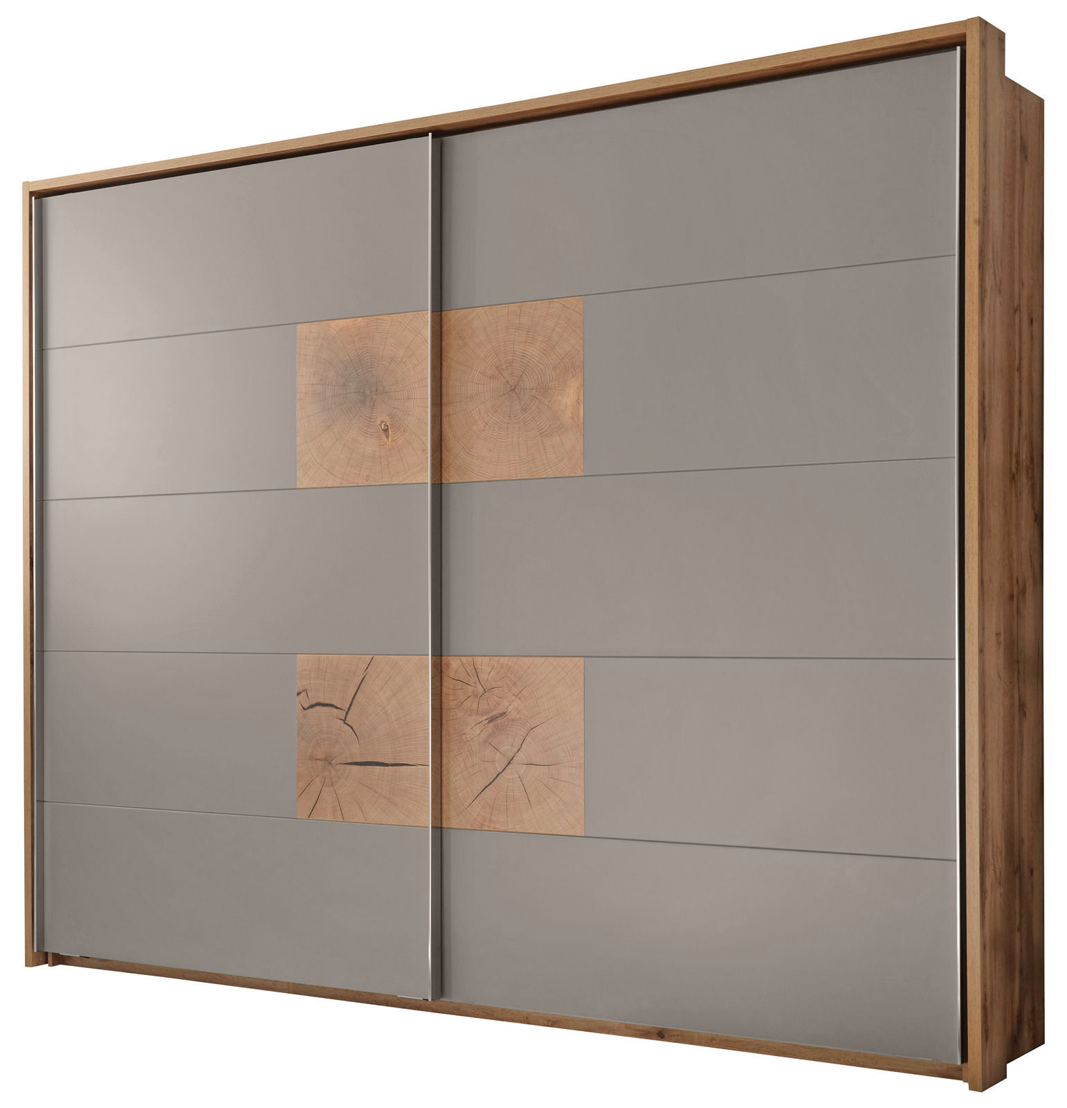 Schwebetürenschrank 2-türig in Holzoptik mit grauen Paneelen und dekorativen Holzeinsätzen, seitliche Perspektive