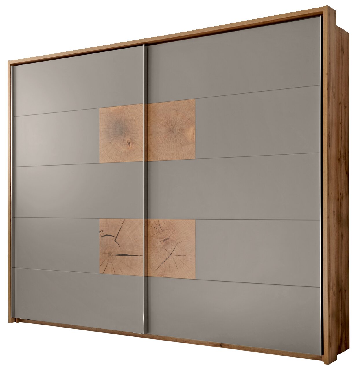 Schwebetürenschrank 2-türig in Holzoptik mit grauen Paneelen und dekorativen Holzeinsätzen, seitliche Perspektive