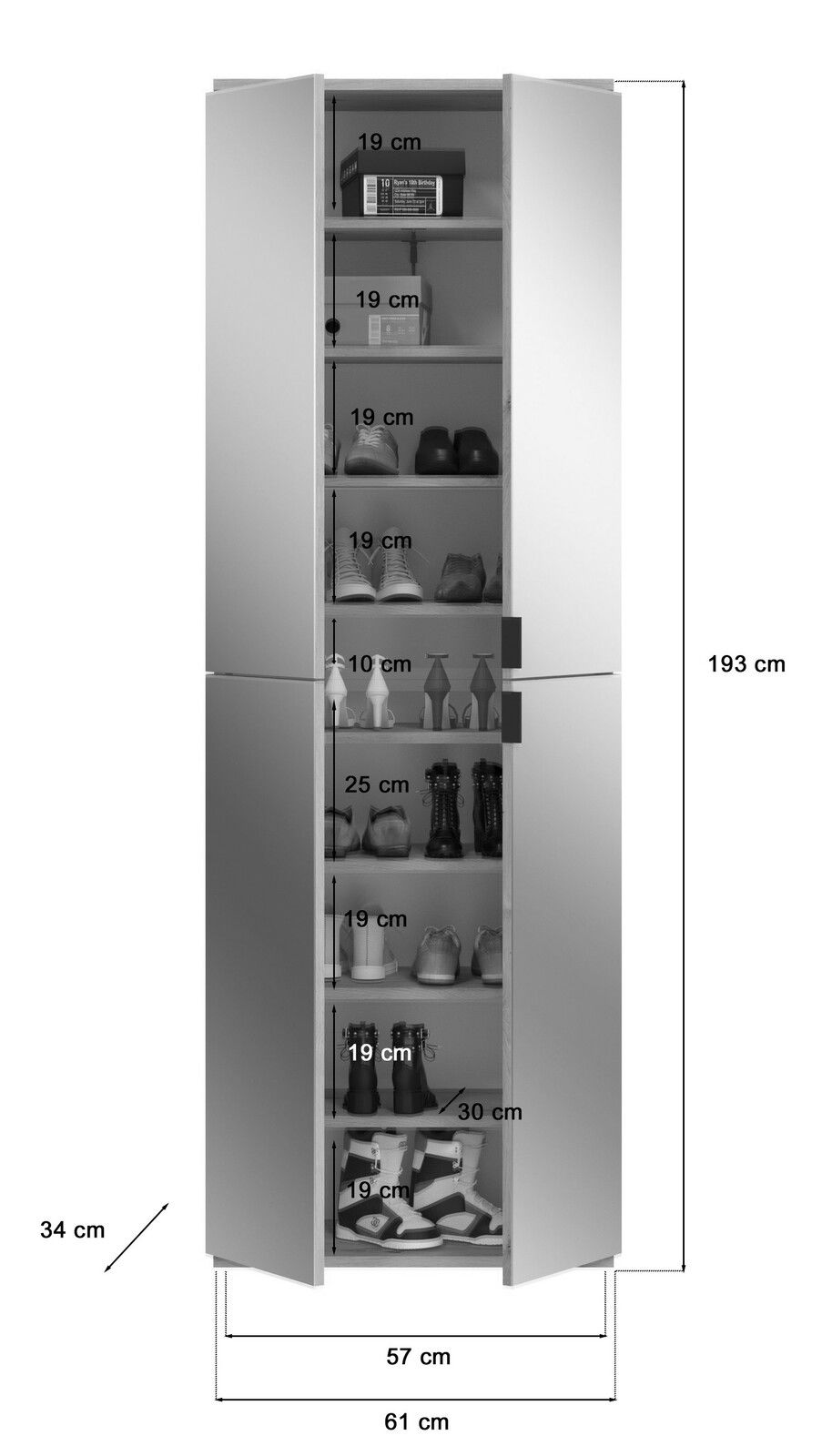 Garderobenschrank mit offenen Türen, zeigt mehrere Regalböden mit Schuhen und Boxen, frontal betrachtet.