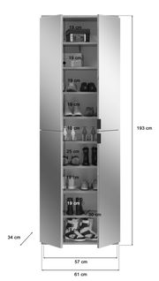 Garderobenschrank mit offenen Türen, zeigt mehrere Regalböden mit Schuhen und Boxen, frontal betrachtet.