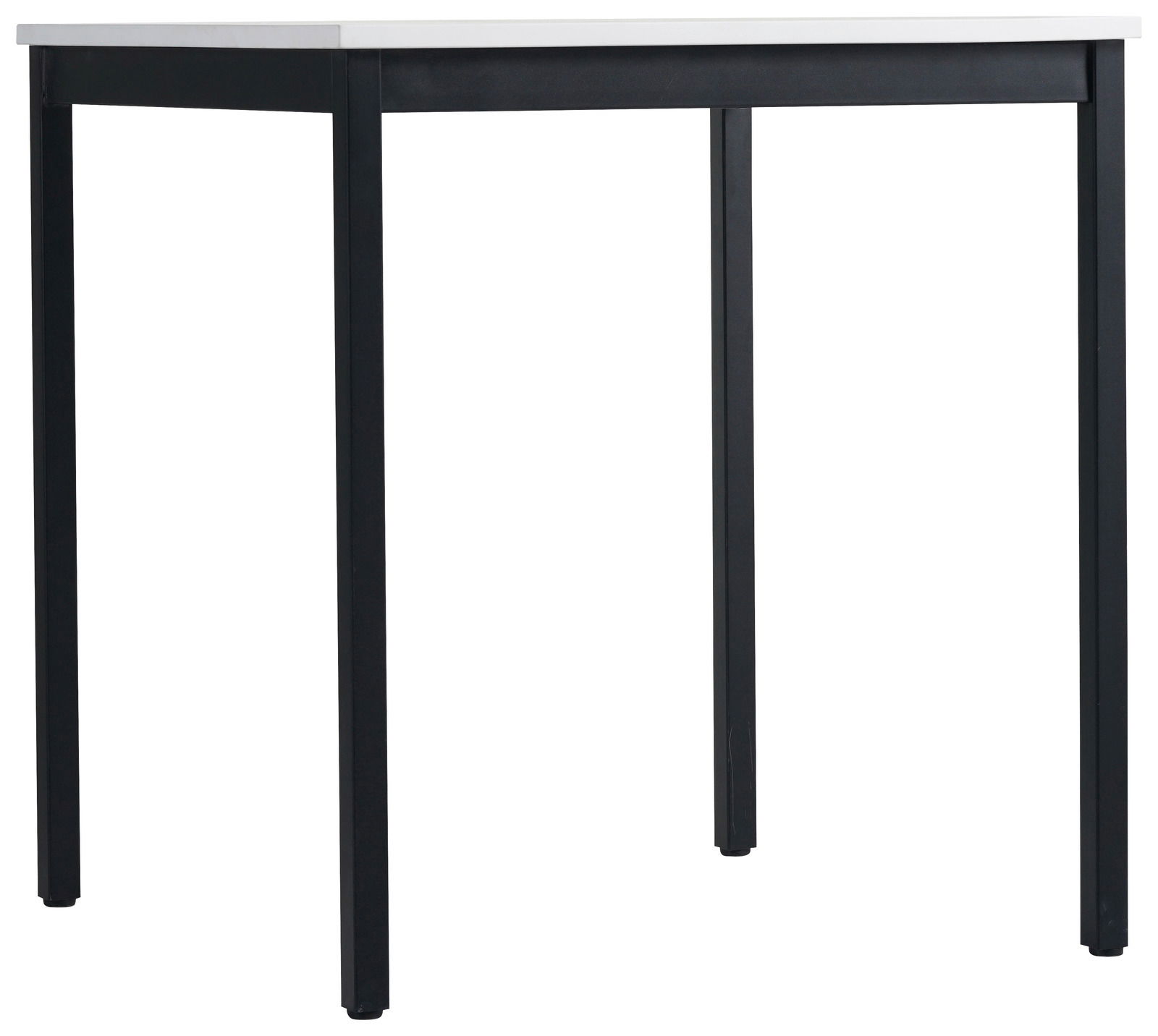 Moderner Esstisch mit schwarzem Gestell und weißer Tischplatte, seitliche Perspektive