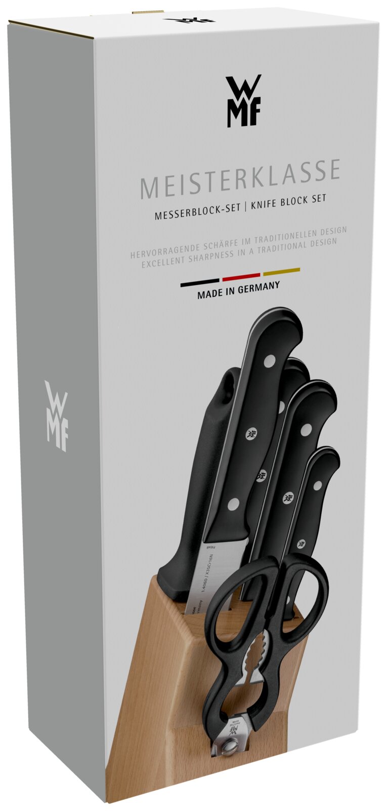 WMF Meisterklasse Messerblock-Set in weißer Verpackung mit Holz-Messerblock, schwarzen Messern und Küchenschere, schräg von vorn links fotografiert