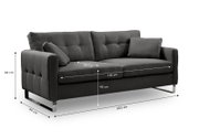 Dunkelgraues 2-Sitzer-Sofa mit gesteppter Rückenlehne, zwei Kissen und verchromten Füßen, mit Maßangaben (ca. 203 x 94 x 92 cm), schräg von vorne links fotografiert.
