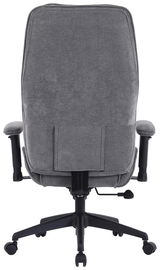 Rückansicht eines grauen Homeoffice-Drehstuhls mit Armlehnen und Rollen.