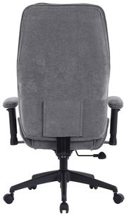 Rückansicht eines grauen Homeoffice-Drehstuhls mit Armlehnen und Rollen.