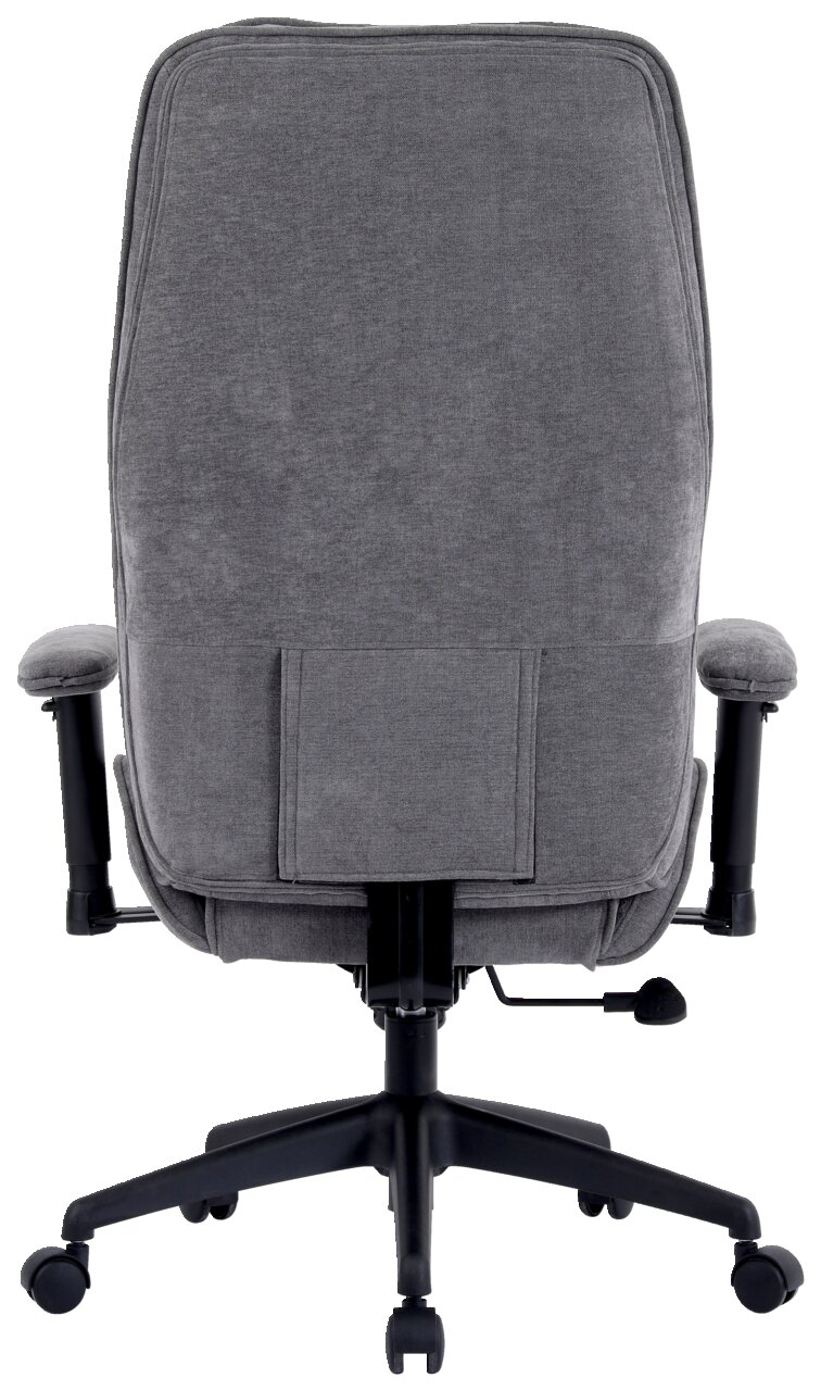 Rückansicht eines grauen Homeoffice-Drehstuhls mit Armlehnen und Rollen.