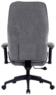 Rückansicht eines grauen Homeoffice-Drehstuhls mit Armlehnen und Rollen.