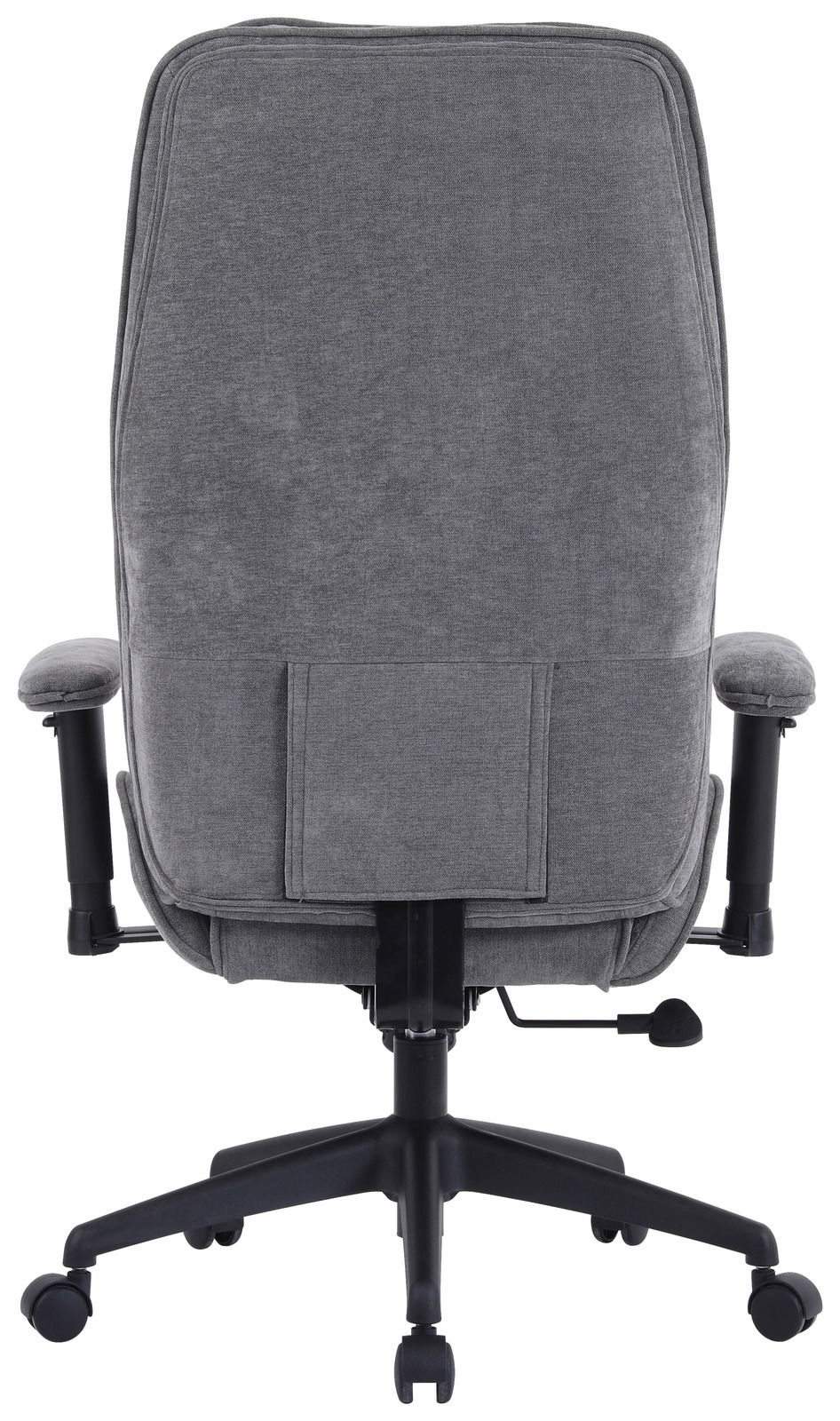 Rückansicht eines grauen Homeoffice-Drehstuhls mit Armlehnen und Rollen.