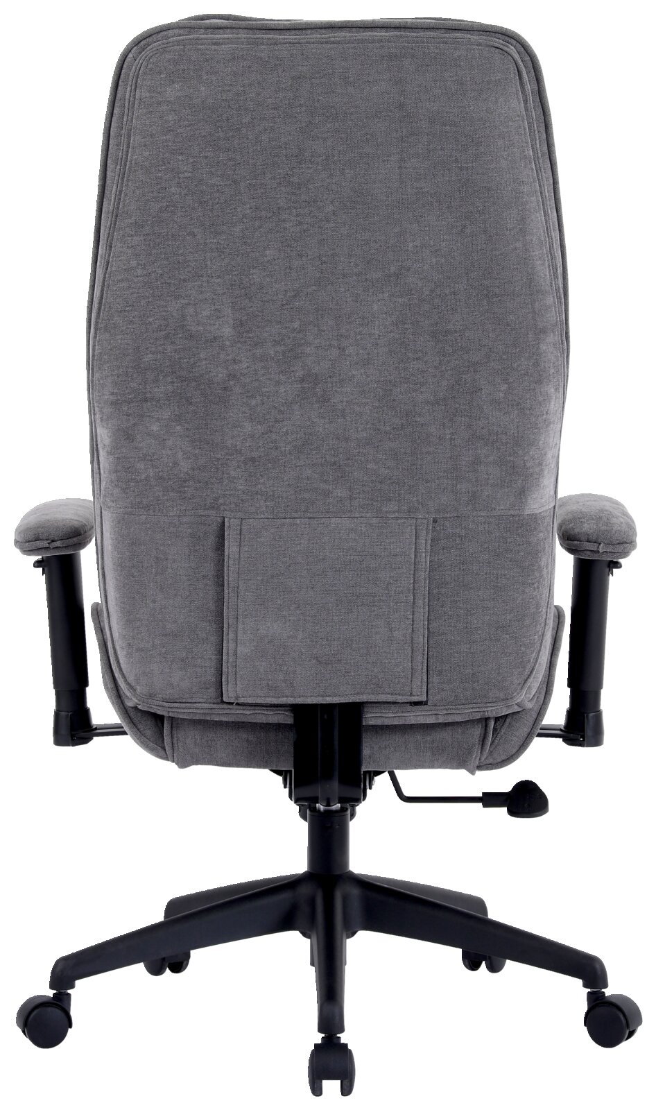Rückansicht eines grauen Homeoffice-Drehstuhls mit Armlehnen und Rollen.