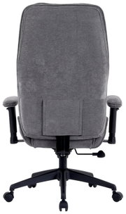 Rückansicht eines grauen Homeoffice-Drehstuhls mit Armlehnen und Rollen.
