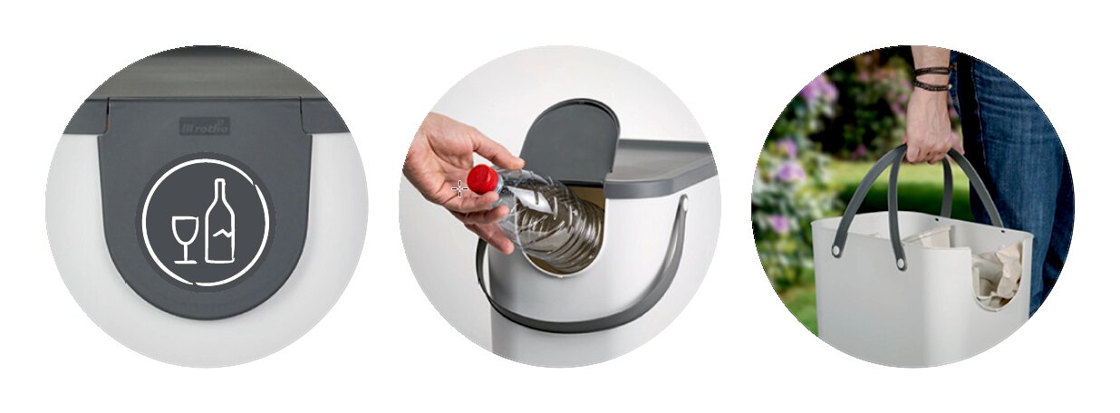 Recycling-Müllsystem mit 25 l Kapazität, grauer Deckel, geeignet für Glasflaschen und Dosen, tragbar mit Griffen, Perspektive: Nahaufnahme des Deckels, Einfüllen einer Flasche, Tragen im Freien.