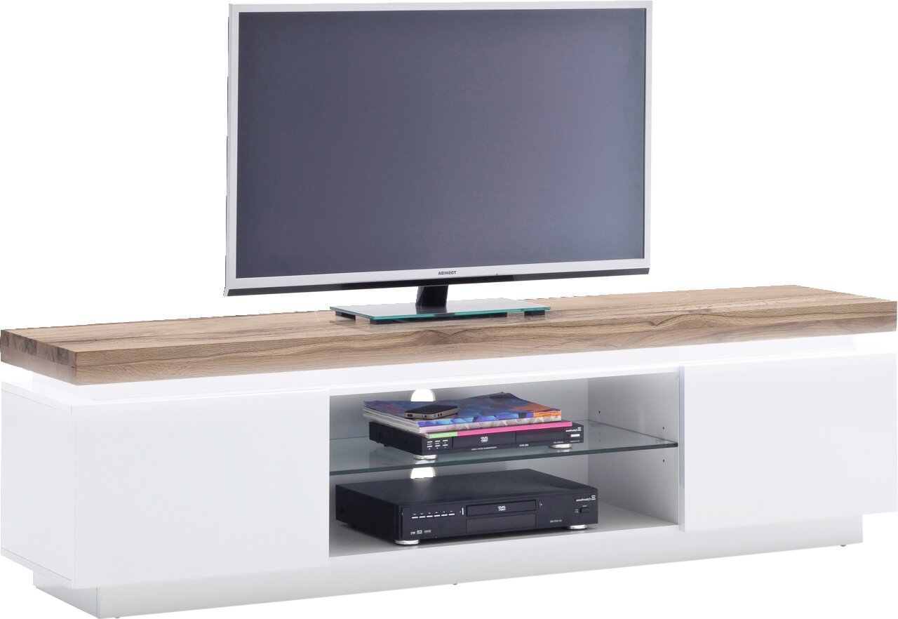 TV-Lowboard in Weiß mit Holzoberfläche, Glasregal und elektronischen Geräten, frontale Perspektive