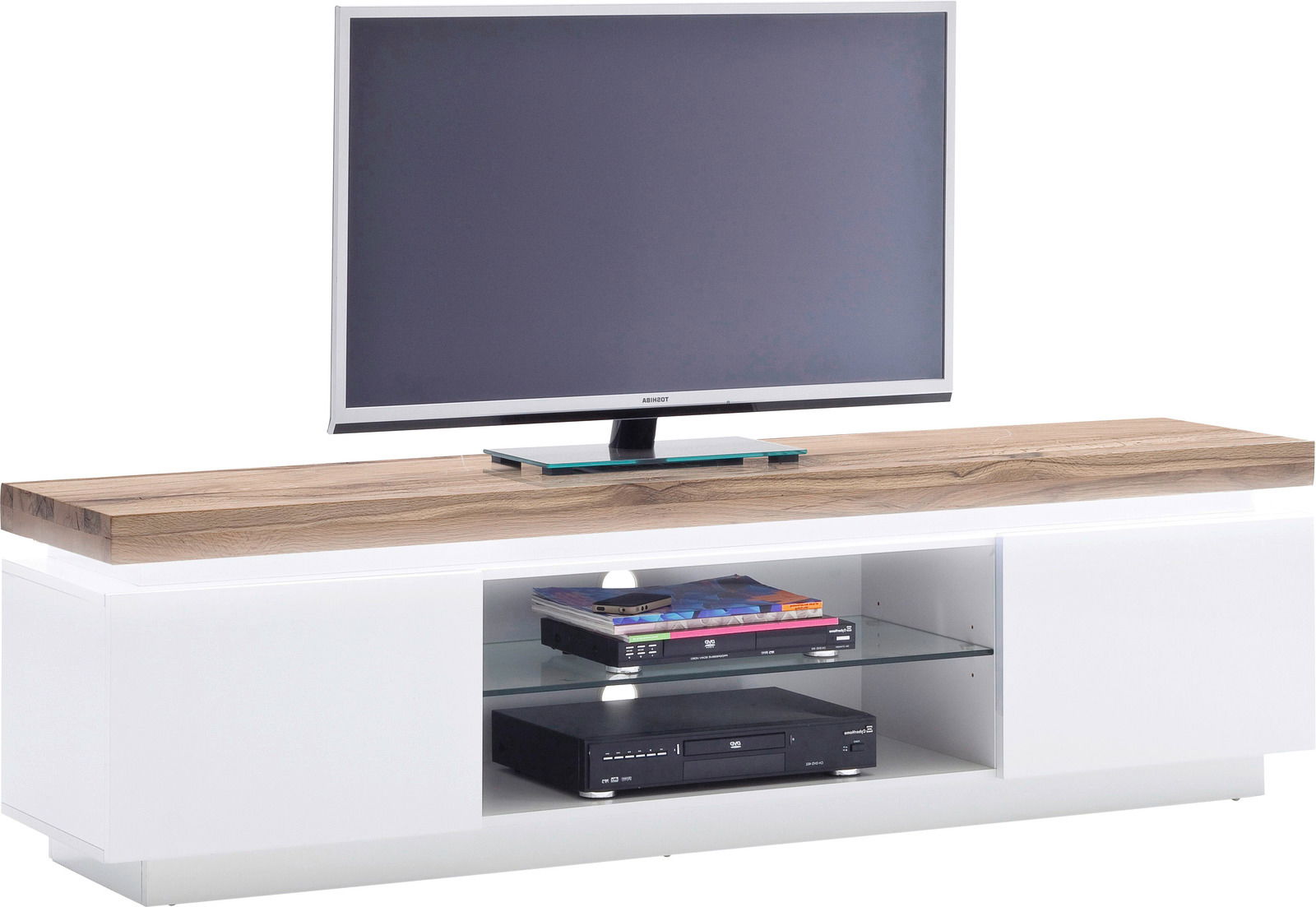 TV-Lowboard in Weiß mit Holzoberfläche, Glasregal und elektronischen Geräten, frontale Perspektive