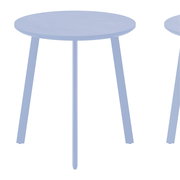 Runder Gartentisch mit dunkler Tischplatte und schwarzen Beinen, seitliche Perspektive