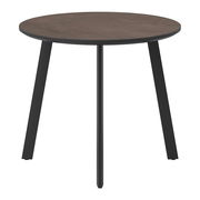 Runder Gartentisch mit dunkler Tischplatte und schwarzen Beinen, seitliche Perspektive