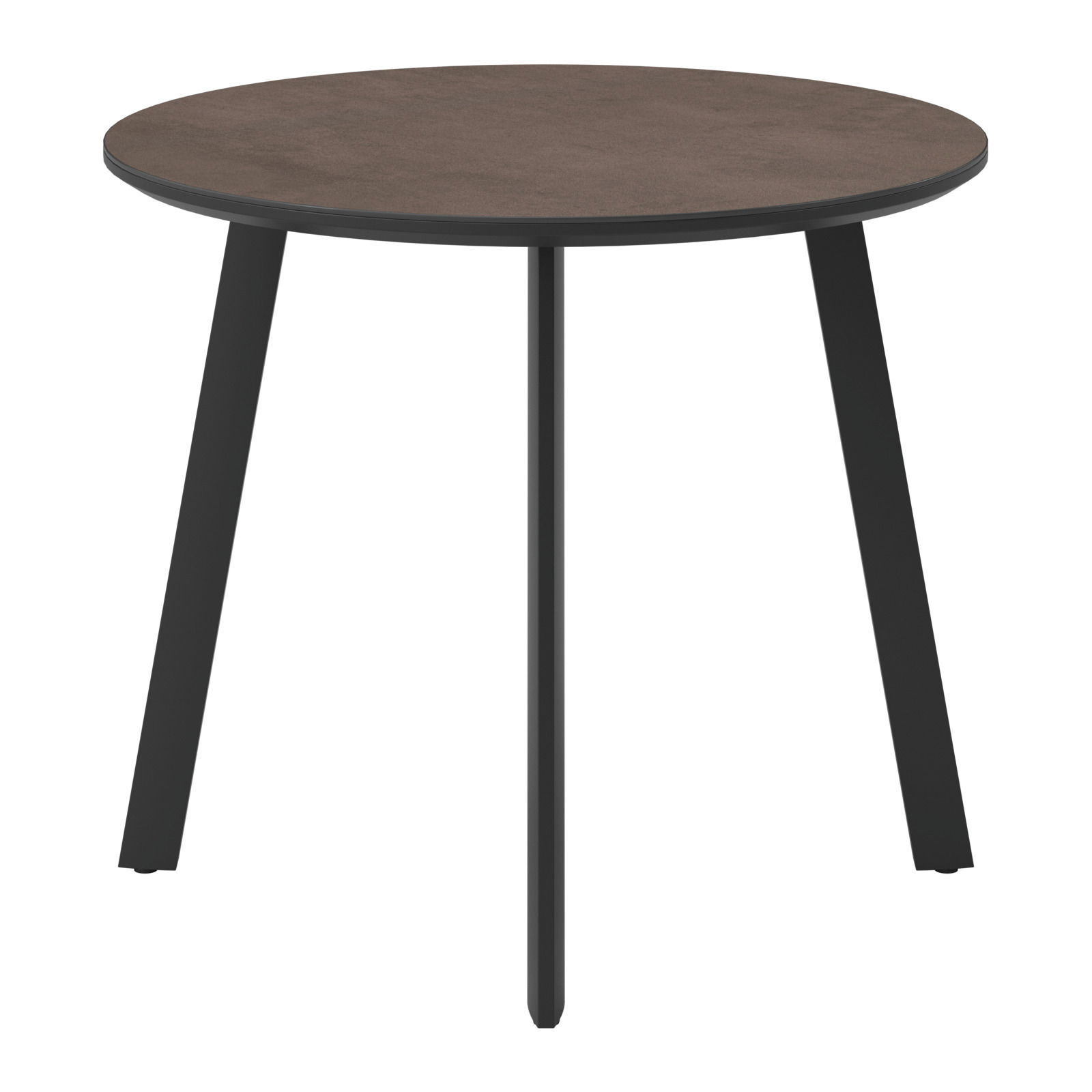 Runder Gartentisch mit dunkler Tischplatte und schwarzen Beinen, seitliche Perspektive