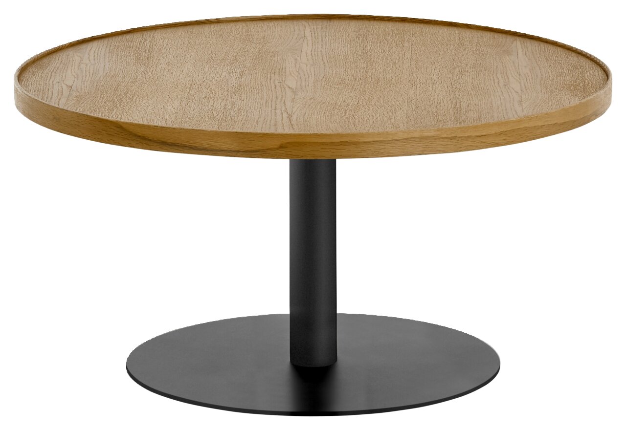 Runder Couchtisch mit Holzplatte und schwarzem Metallfuß, seitliche Perspektive