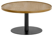 Ronde salontafel met houten blad en zwart metalen onderstel, zijaanzicht