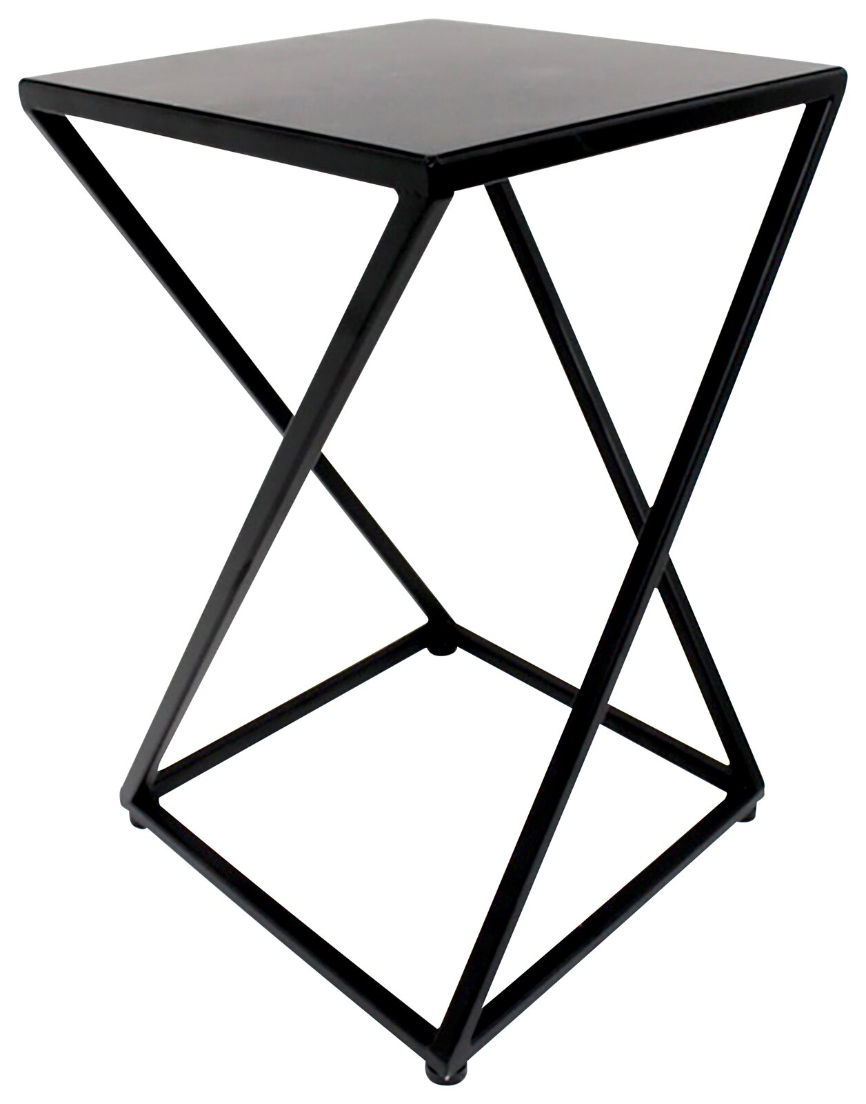 Moderner schwarzer Beistelltisch mit geometrischem Metallgestell, seitliche Perspektive