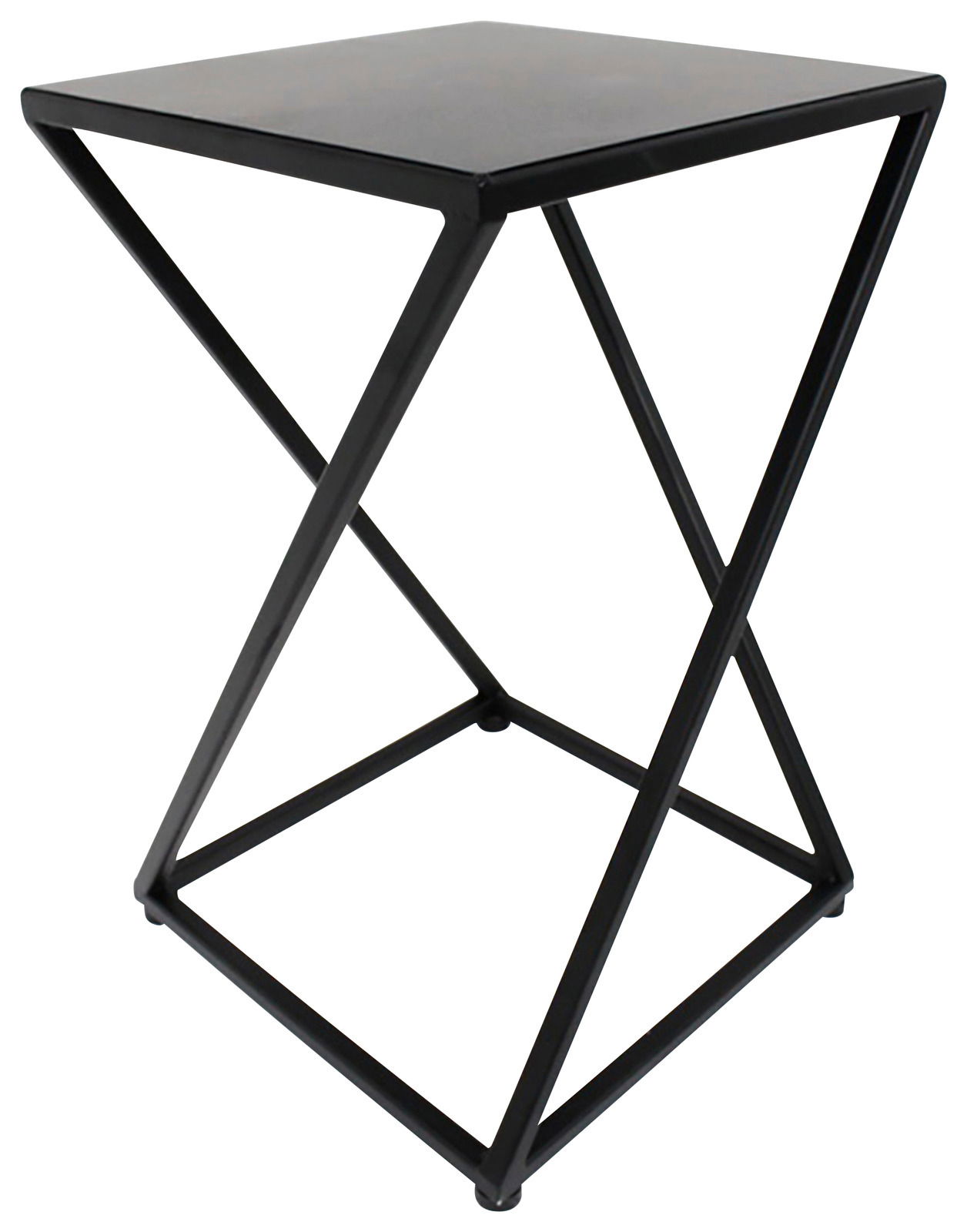 Moderner schwarzer Beistelltisch mit geometrischem Metallgestell, seitliche Perspektive