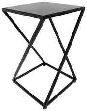 Moderner schwarzer Beistelltisch mit geometrischem Metallgestell, seitliche Perspektive