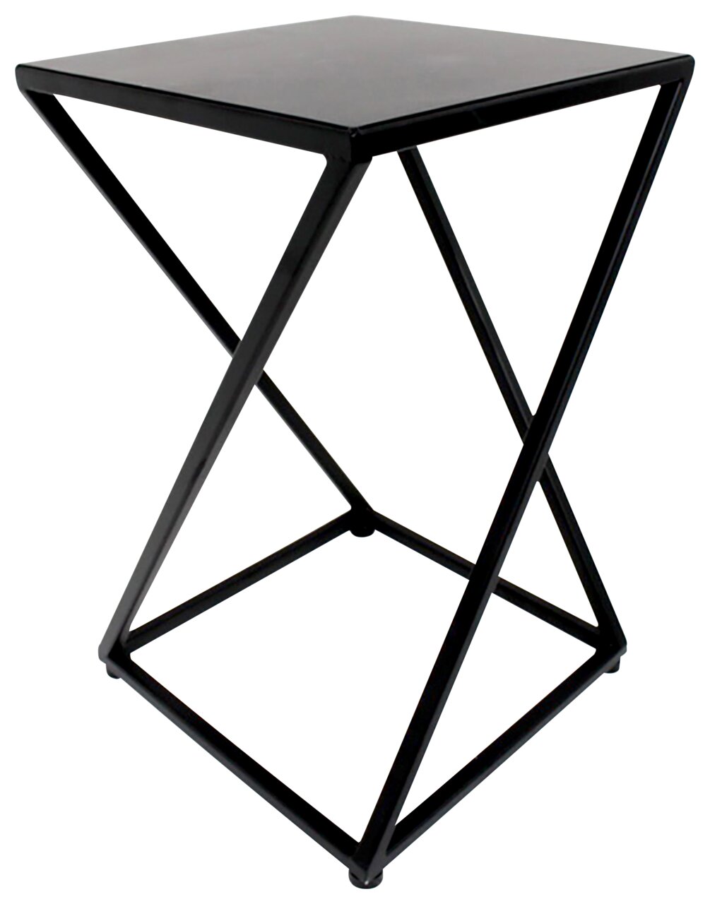 Moderne zwarte bijzettafel met een geometrisch metalen onderstel, zijaanzicht