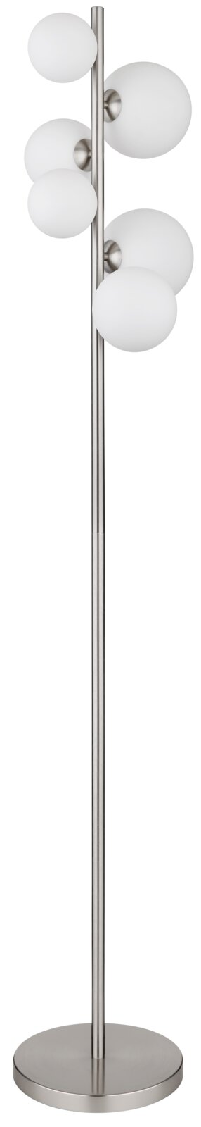 Moderne Stehleuchte mit mehreren kugelförmigen Lampenschirmen aus Milchglas, seitliche Perspektive