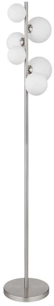 Moderne Stehleuchte mit mehreren kugelförmigen Lampenschirmen aus Milchglas, seitliche Perspektive