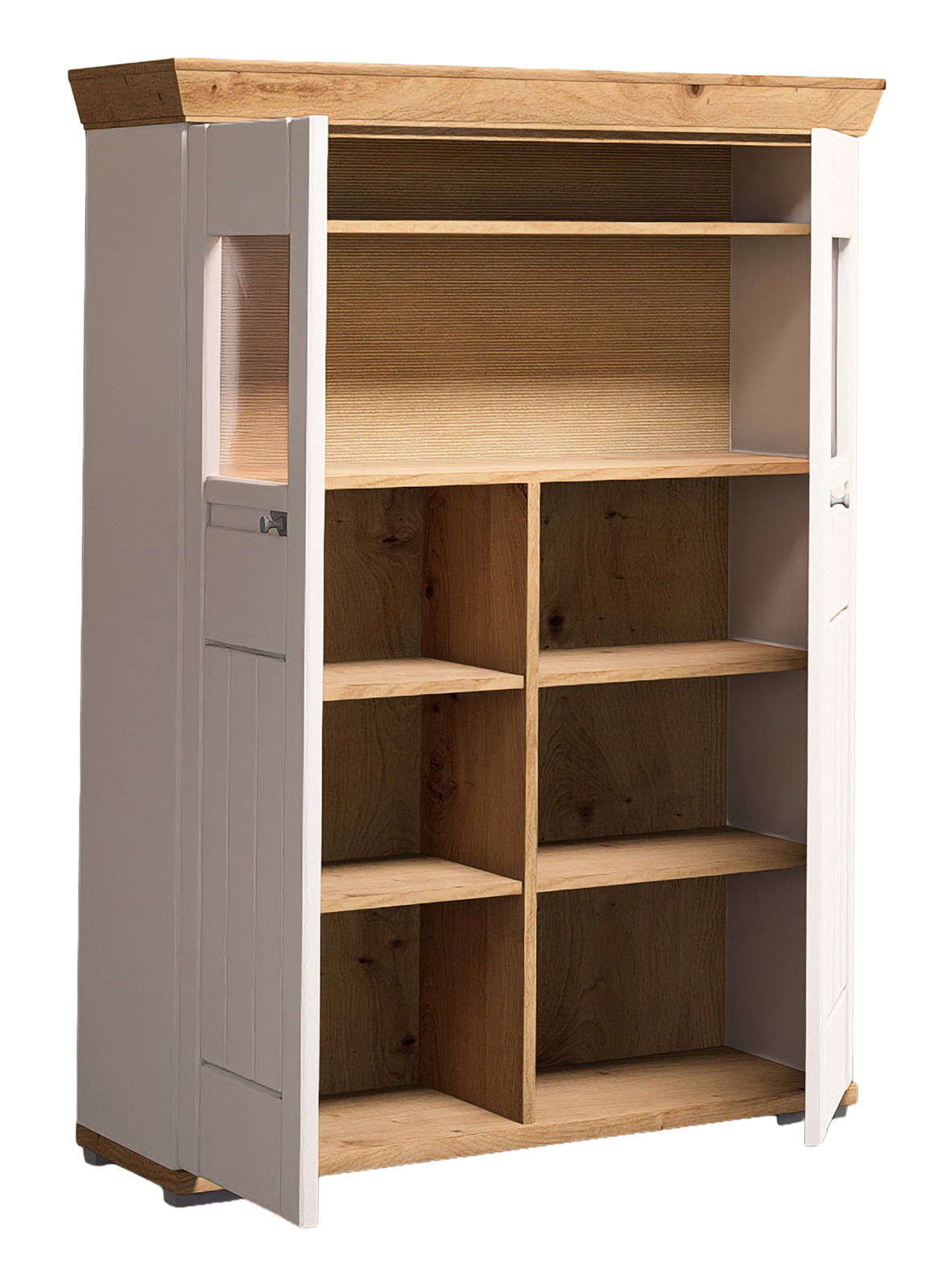 Hochschrank aus Holz mit offenen Regalfächern und zwei Türen, Perspektive von vorne links