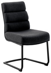 Moderner Freischwinger-Stuhl in dunklem Stoffbezug, seitliche Perspektive