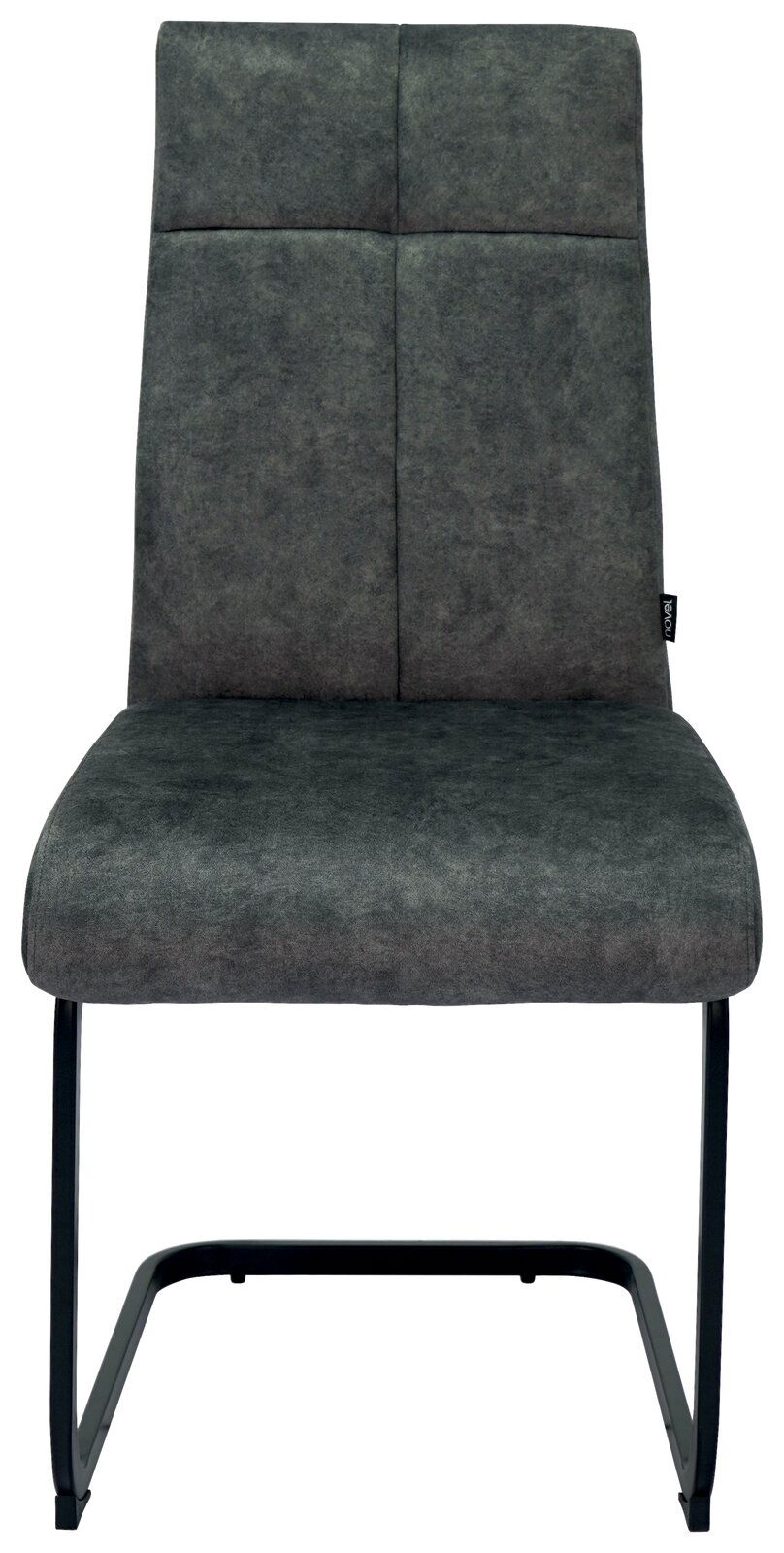 Vorderansicht eines grauen Schwingstuhls Novel GISMO mit schwarzem Metallgestell.