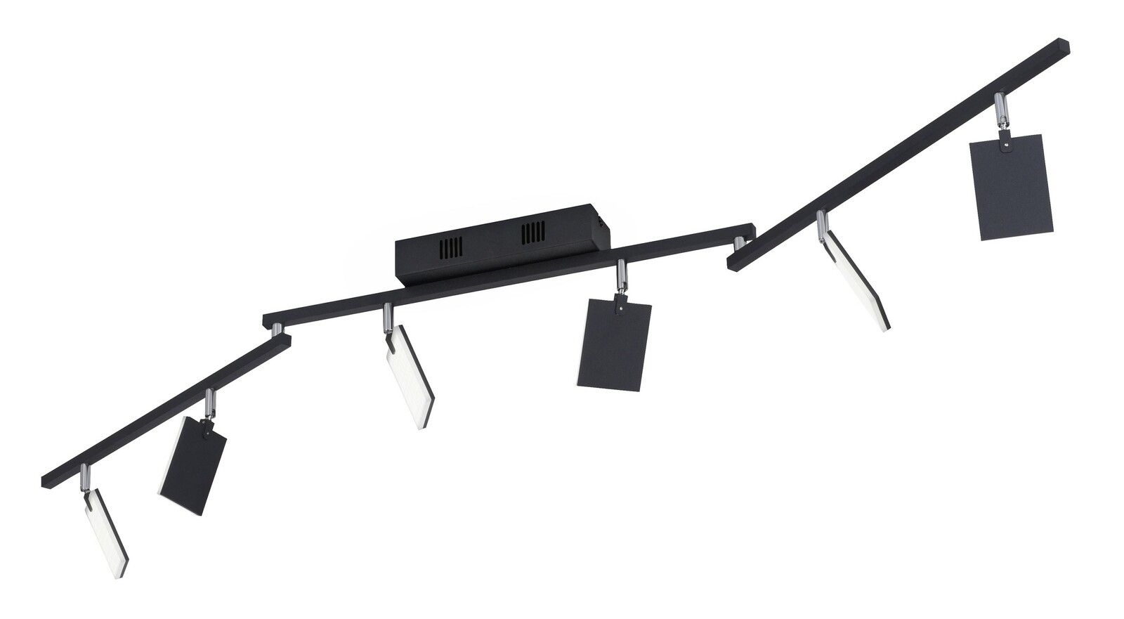 Moderne Deckenleuchte PURE-MIRA in schwarzem Design mit fünf verstellbaren Leuchtelementen, seitliche Perspektive.