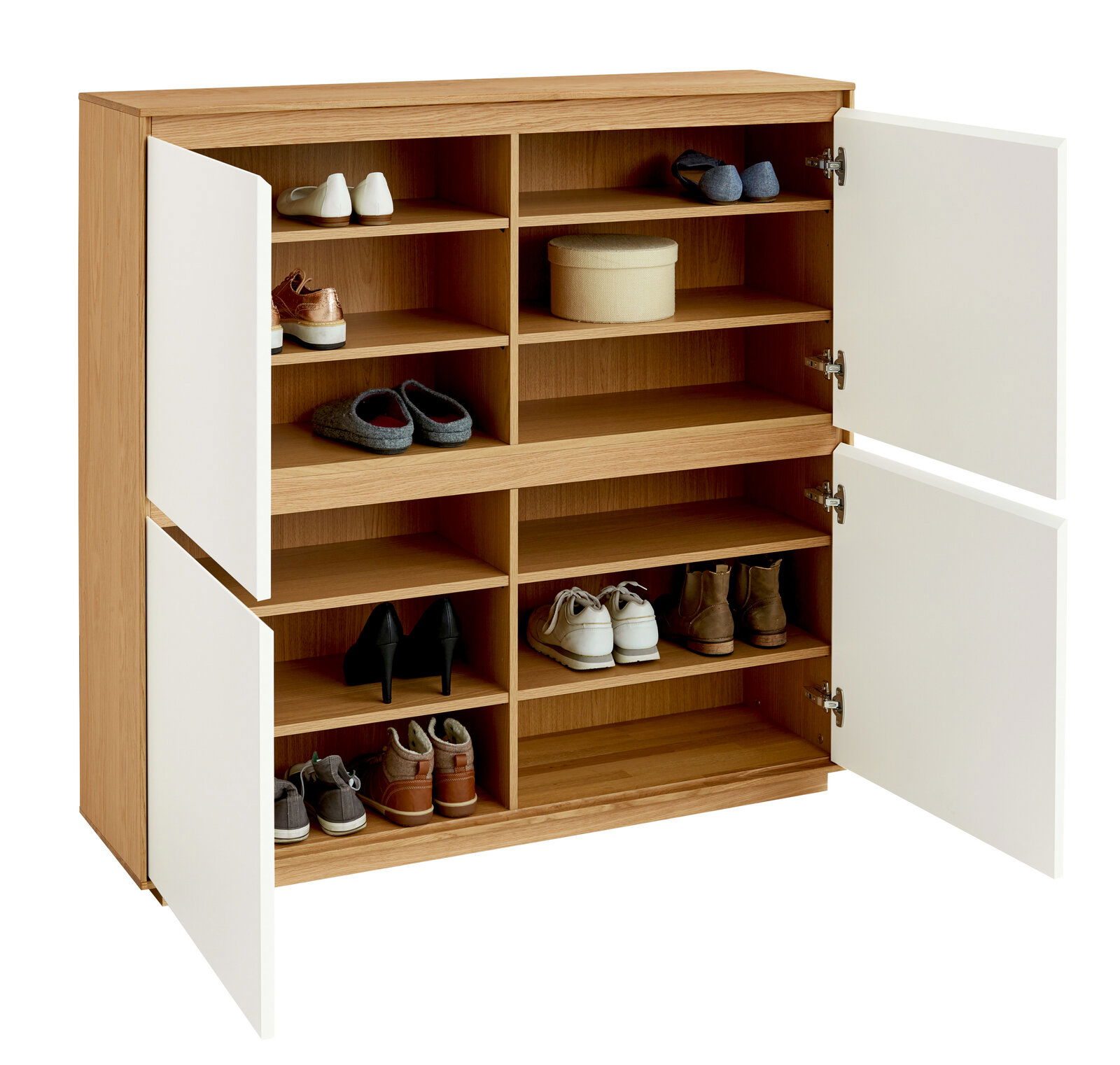 VOSS Schuhkommode V100 Schuhkommode aus Holz mit weißen Türen, geöffnet, gefüllt mit verschiedenen Schuhen, frontale Perspektive