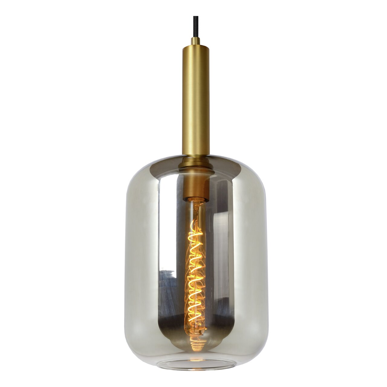 Moderne Pendelleuchte JOANET mit goldener Fassung und rauchgrauem Glas, seitliche Perspektive.