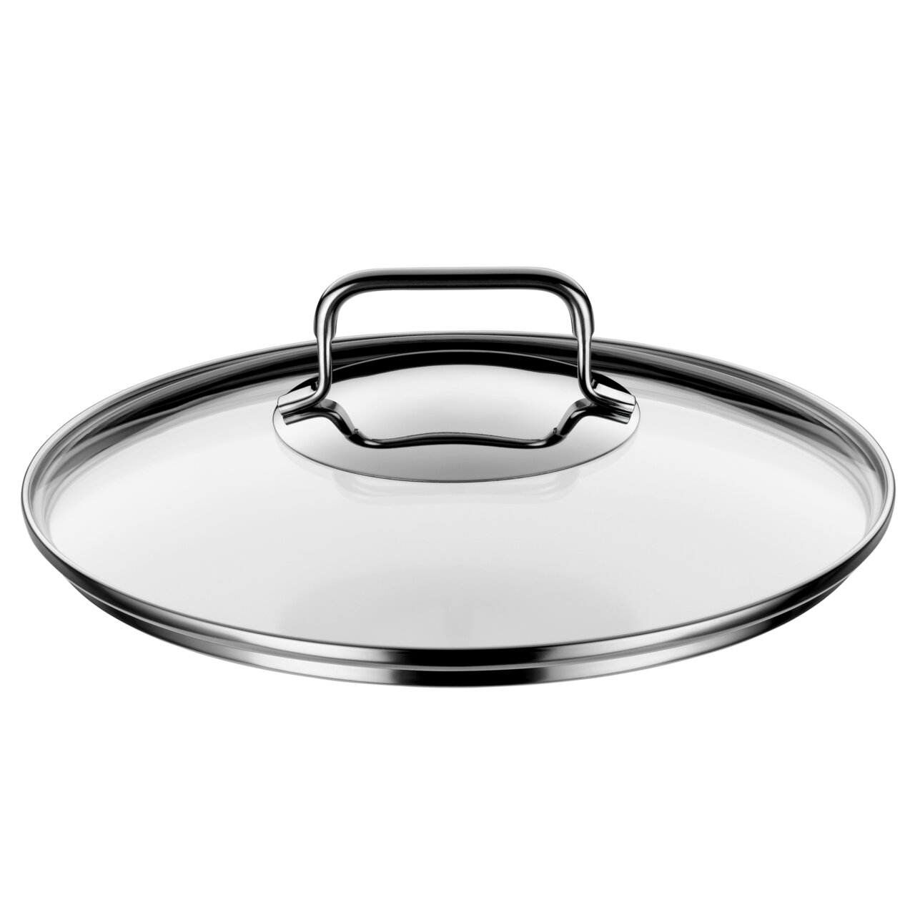 Topfdeckel aus Edelstahl und Glas, seitliche Perspektive