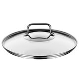 Topfdeckel aus Edelstahl und Glas, seitliche Perspektive