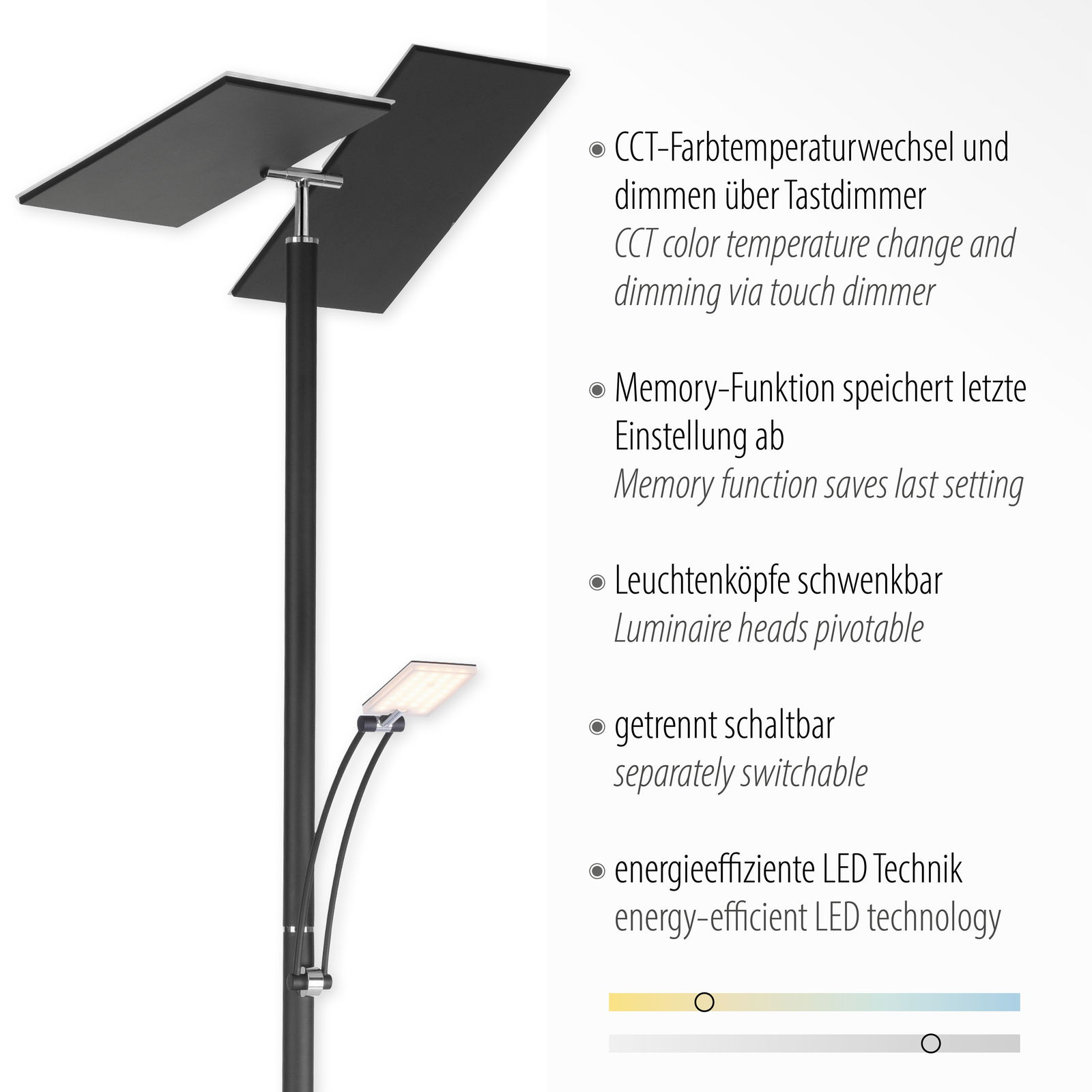 LED-Stehleuchte mit schwenkbaren Leuchtenköpfen, CCT-Farbtemperaturwechsel und dimmbar über Tastdimmer, seitliche Perspektive.