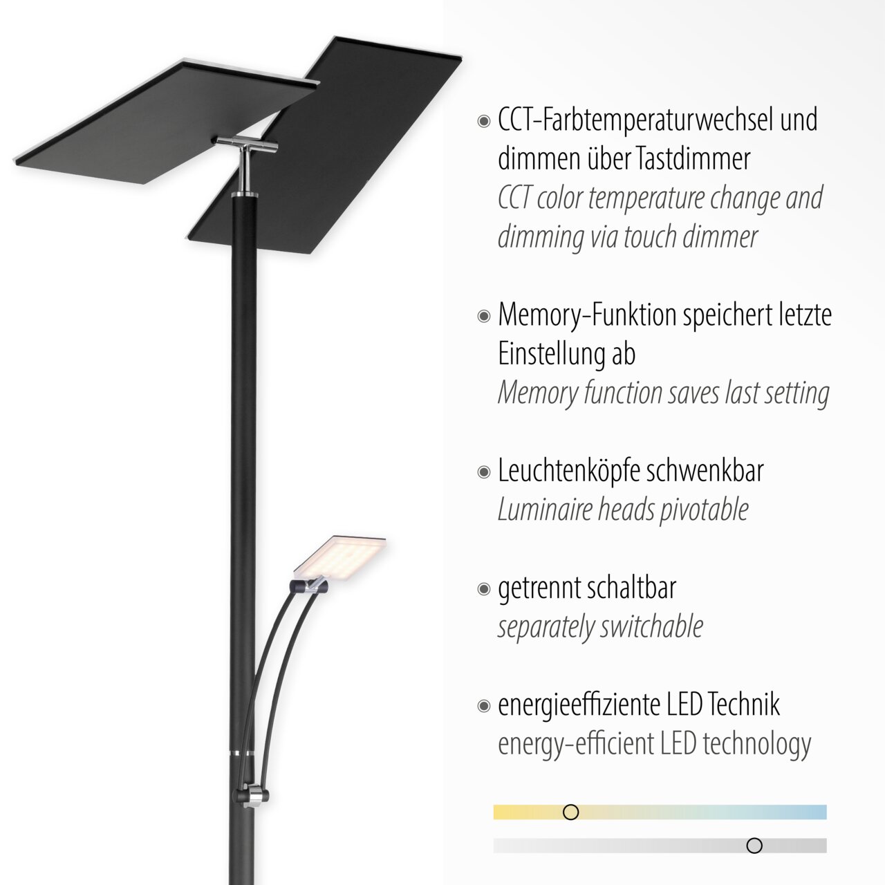 LED-Stehleuchte mit schwenkbaren Leuchtenköpfen, CCT-Farbtemperaturwechsel und dimmbar über Tastdimmer, seitliche Perspektive.