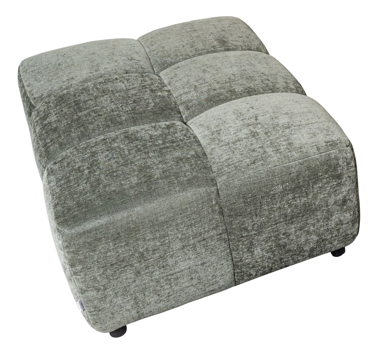 Großer, quadratischer Megahocker in grauem Stoffbezug, aus der Vogelperspektive fotografiert.