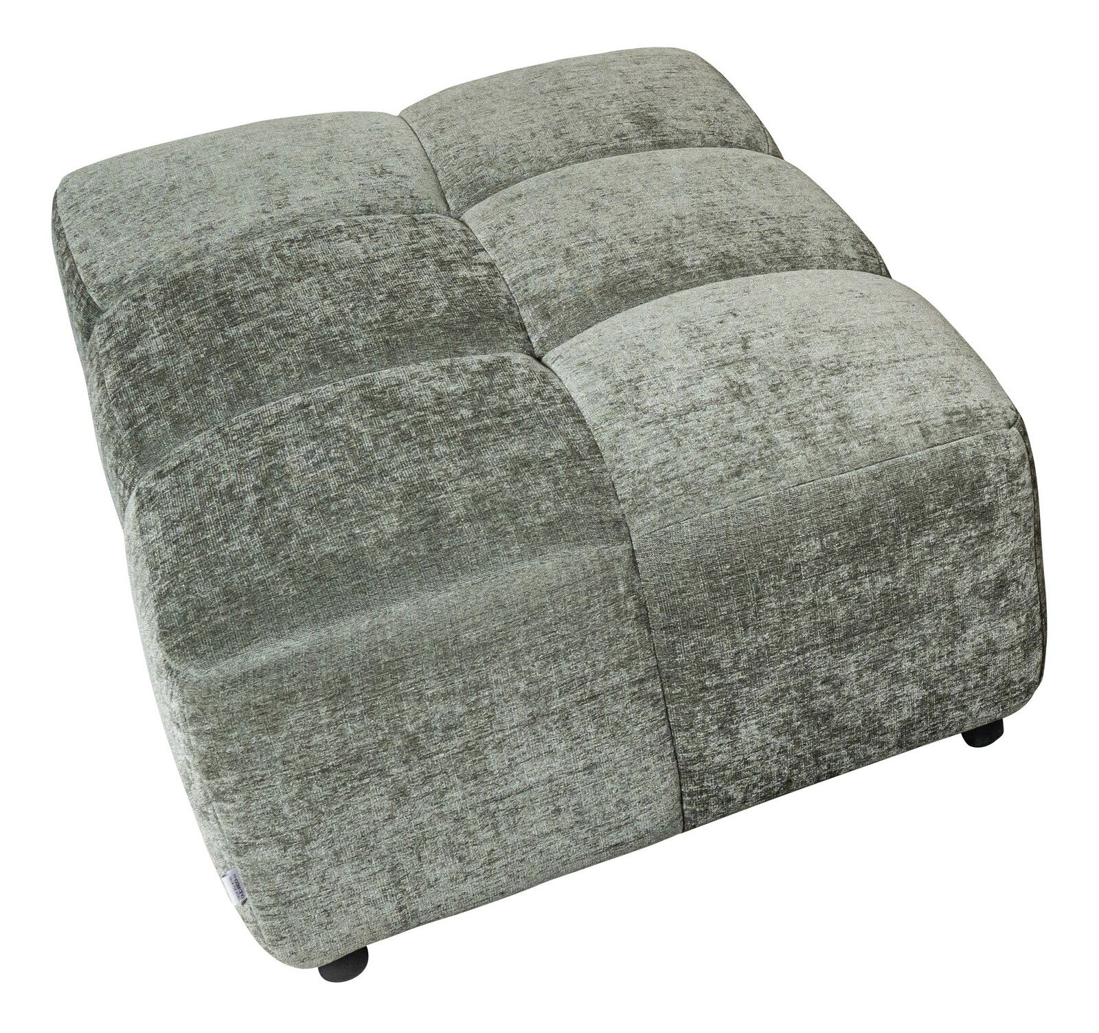 Großer, quadratischer Megahocker in grauem Stoffbezug, aus der Vogelperspektive fotografiert.