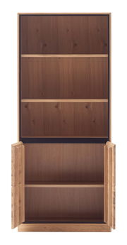 Hohes Regal mit zwei offenen Türen unten, aus Holz, frontal betrachtet.