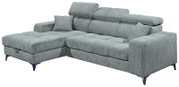 Graues Ecksofa mit verstellbaren Kopfstützen und zwei Kissen, Perspektive von vorne links
