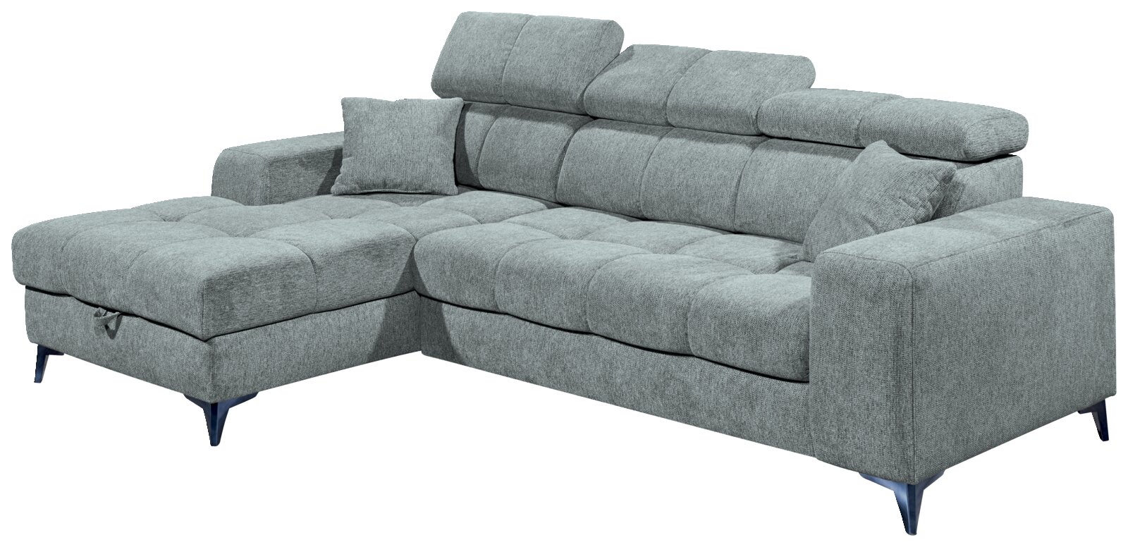 Graues Ecksofa mit verstellbaren Kopfstützen und zwei Kissen, Perspektive von vorne links