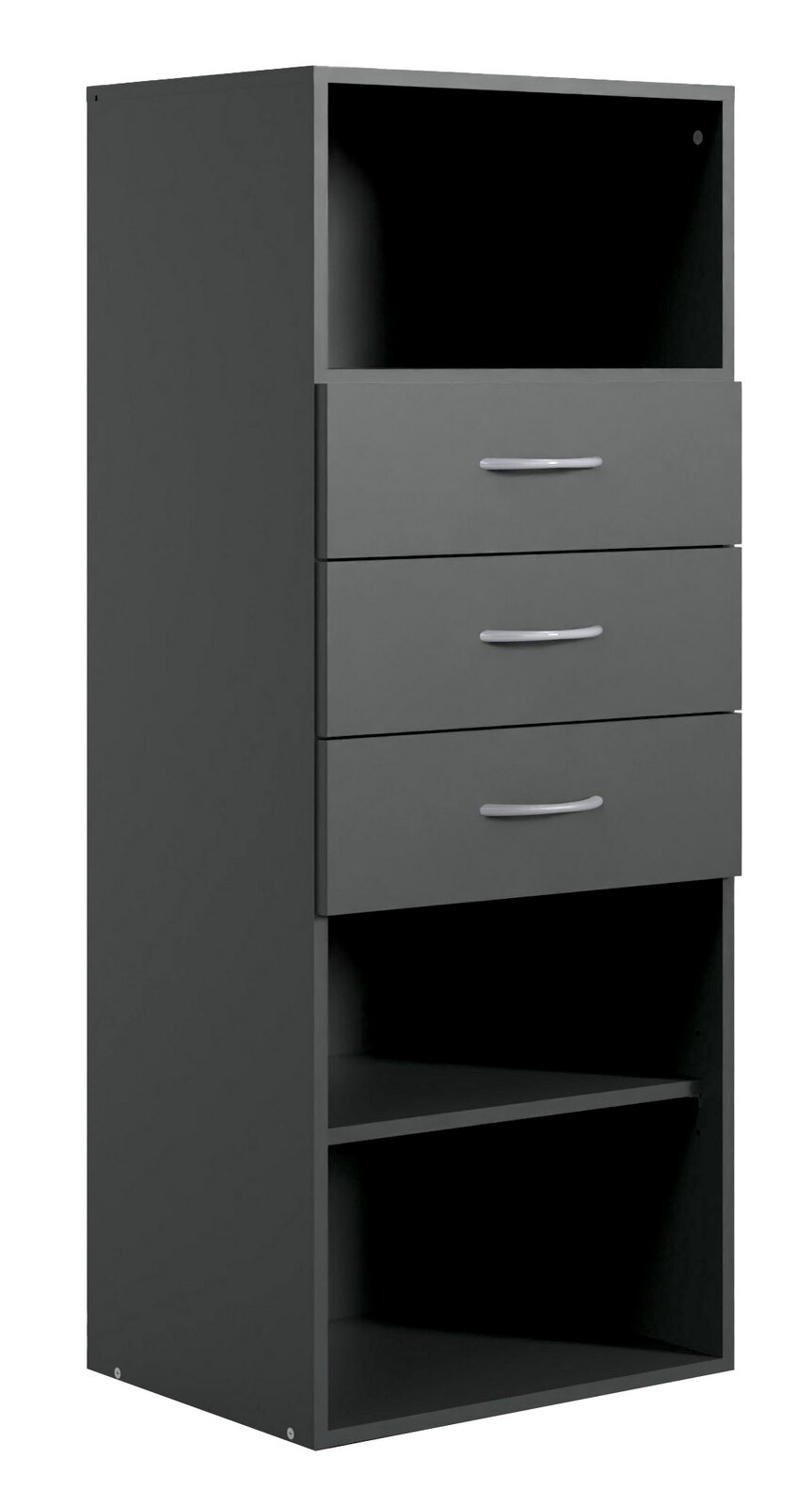 Graues Regal mit drei Schubladen und zwei offenen Fächern, seitliche Perspektive