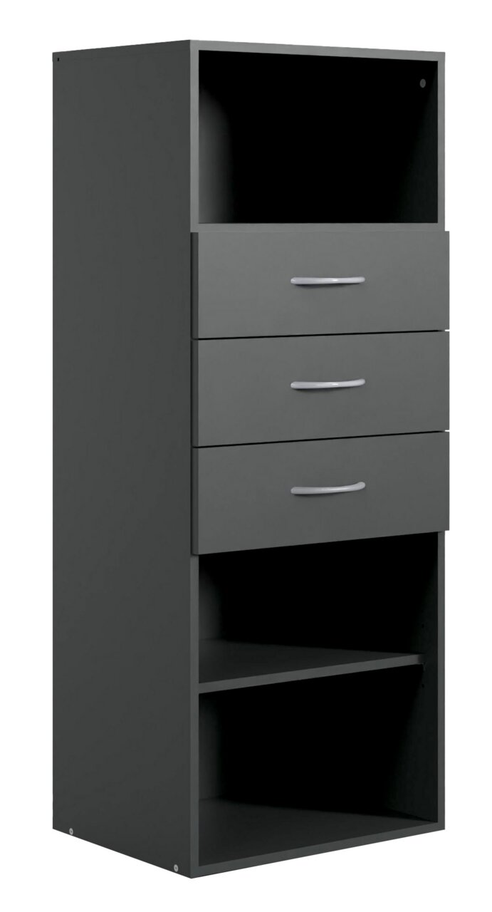 XORA Regal mittel MULTIRAUMKONZEPT Graues Regal mit drei Schubladen und zwei offenen Fächern, seitliche Perspektive