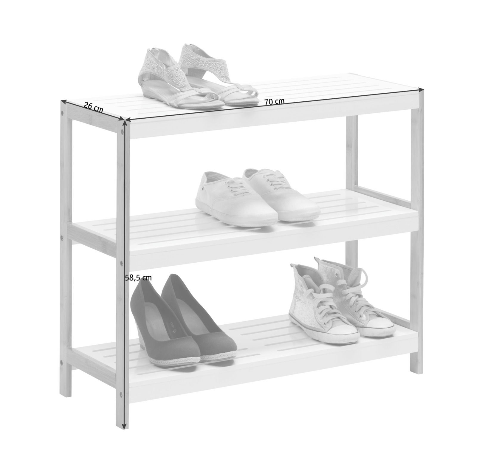 Schuhregal mit drei Ebenen, gefüllt mit verschiedenen Schuhen, aus seitlicher Perspektive.