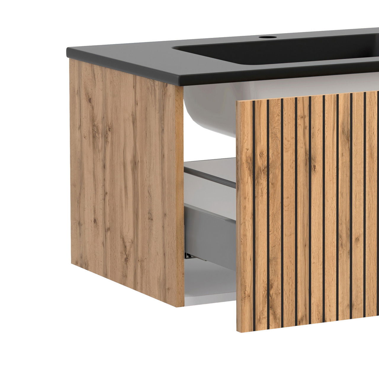 Waschtisch-Set 80 cm mit Holzoptik und schwarzer Oberfläche, seitliche Perspektive
